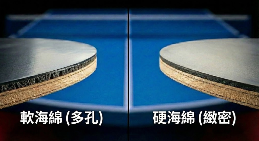 桌球拍控球型底板搭配不同硬度膠皮的特寫，展示木材紋理與膠皮海綿氣孔